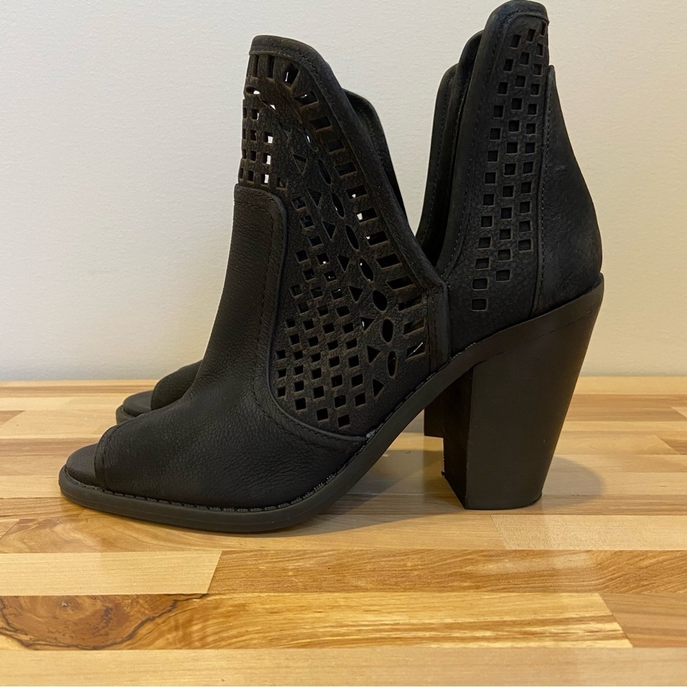 Jessica Simpson black ankle boots chunky heel perforated leather upper open toe